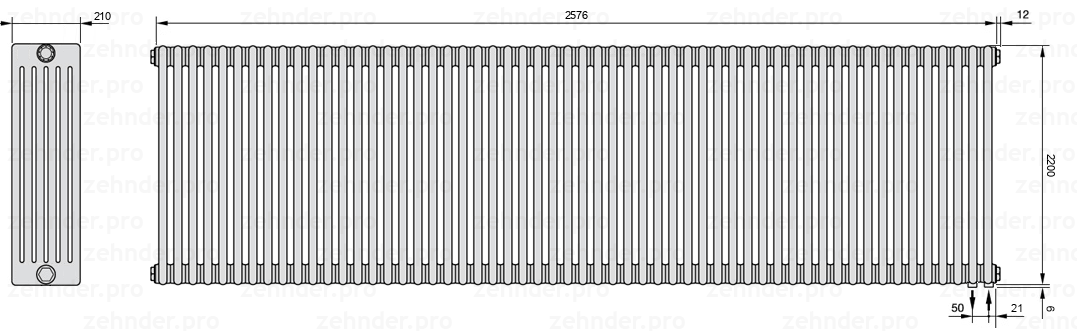 Схема (чертеж) Радиатор Zehnder Charleston 6220/56 №5510 Белый глянцевый RAL 9016